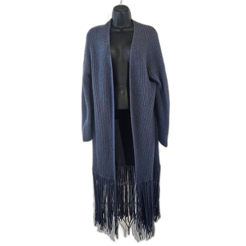 360 Cashmere Quincy Boho Cardigan Fringe Hem Navy Blue Stretchy XS Oversized